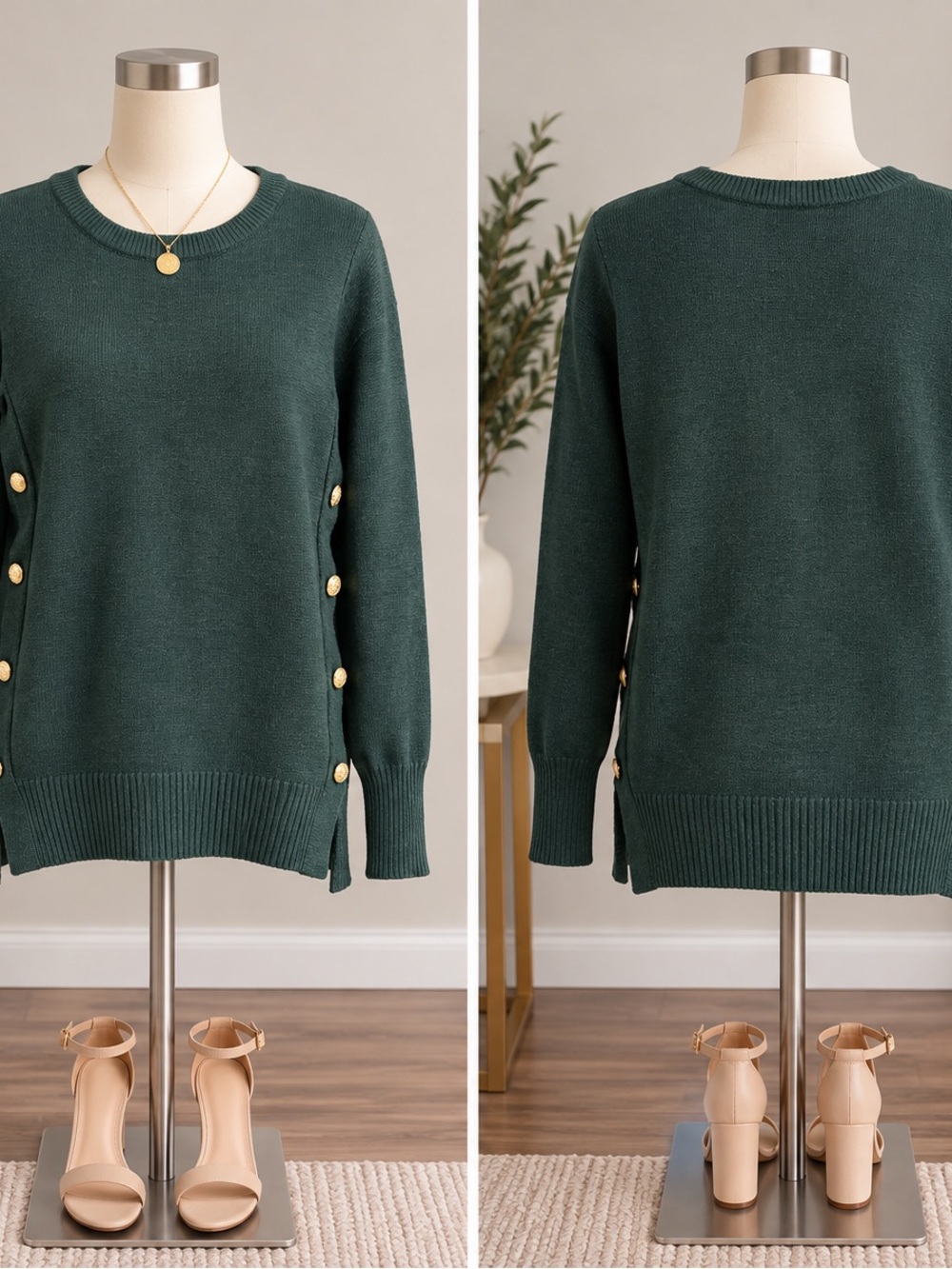 Magaschoni Forest Green Gold Button Sweater Size S